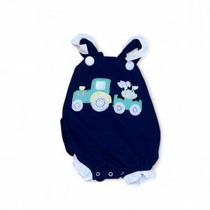 Three Sisters Navy Blue Bubble Romper with Tractor Design